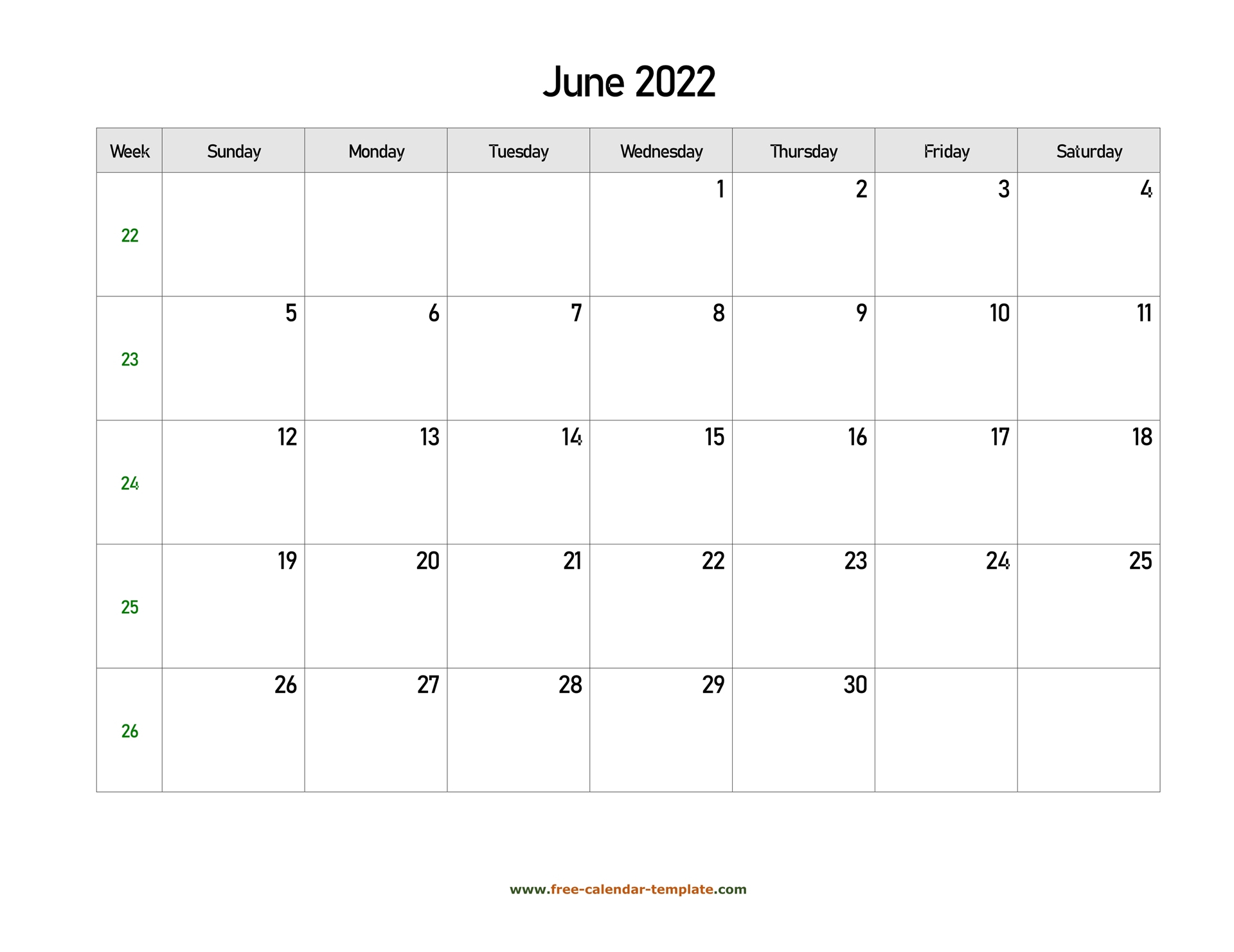 June 2022 Free Calendar Tempplate | Free-Calendar-Template