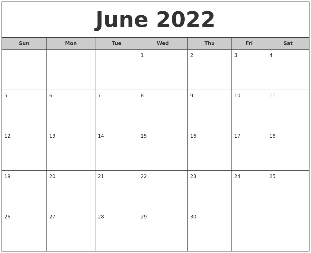 June 2022 Free Monthly Calendar