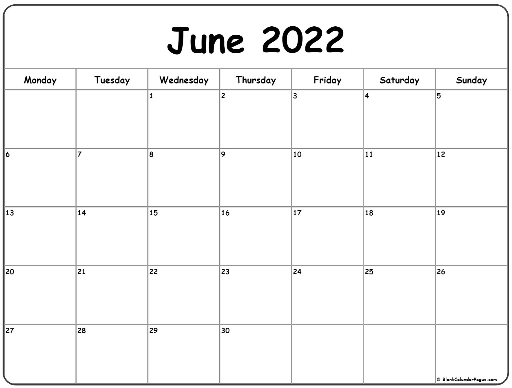 June 2022 Monday Calendar | Monday To Sunday