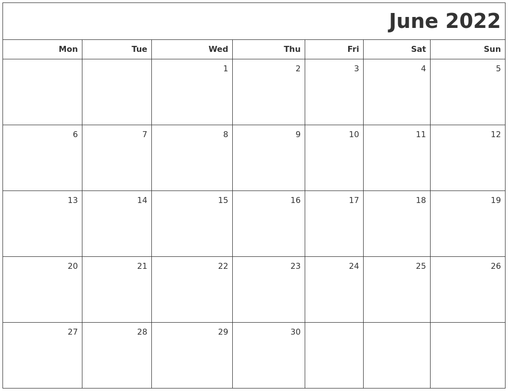 June 2022 Printable Blank Calendar