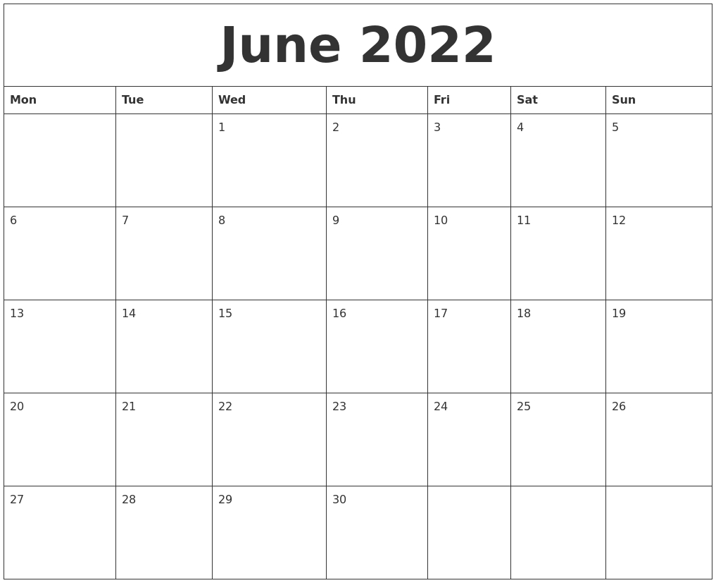 June 2022 Printable Calendar Free