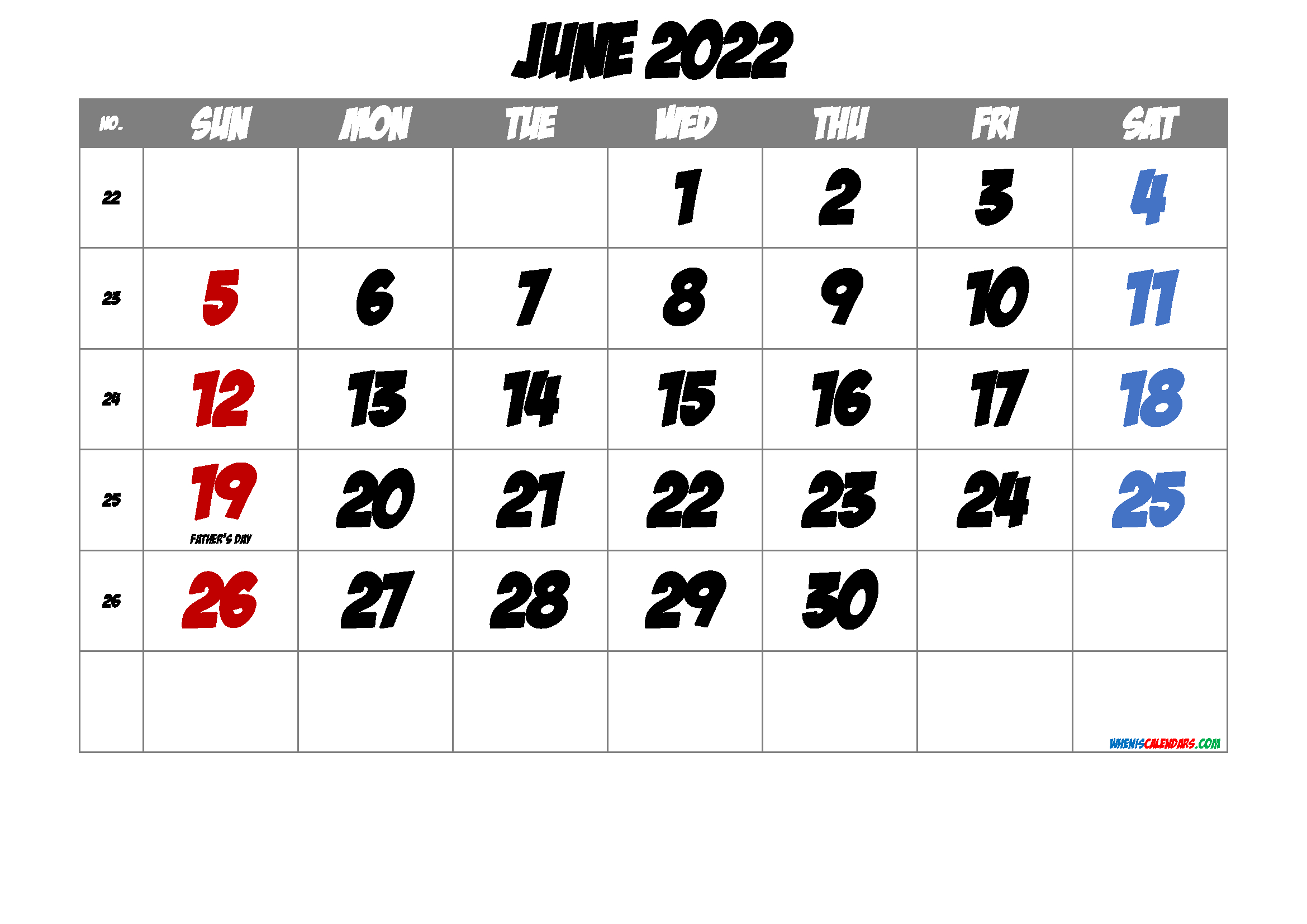 June 2022 Printable Calendar With Holidays - 2022 Calendar