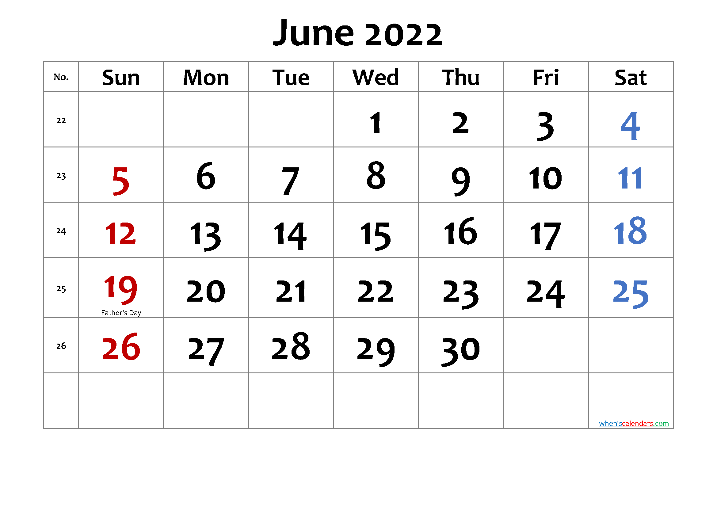 June 2022 Printable Calendar With Holidays - Free