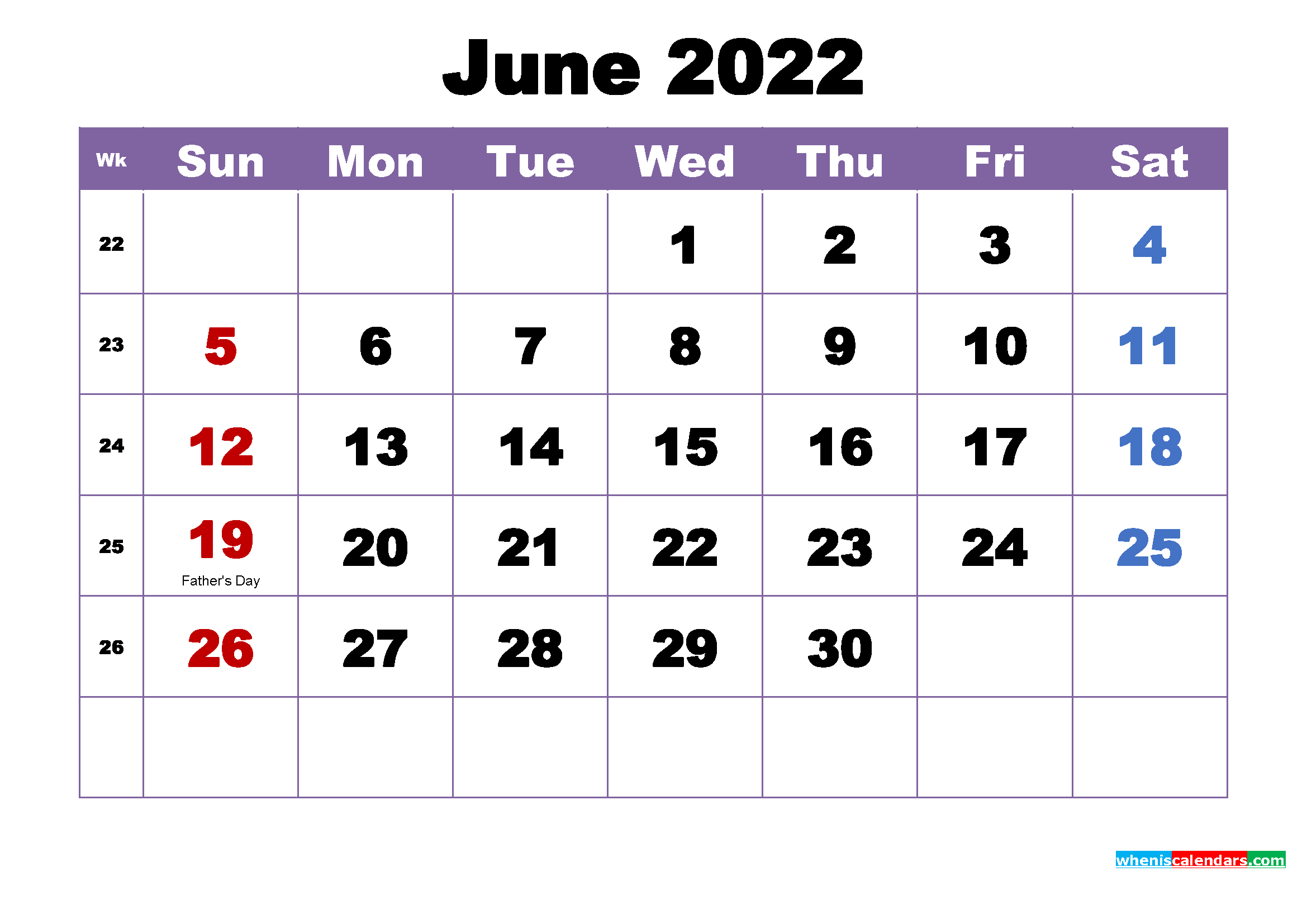 June 2022 Printable Calendar With Holidays Word, Pdf