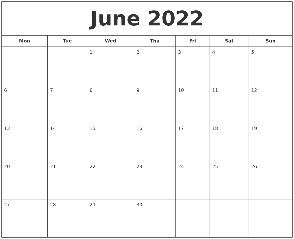 June 2022 Printable Calendar