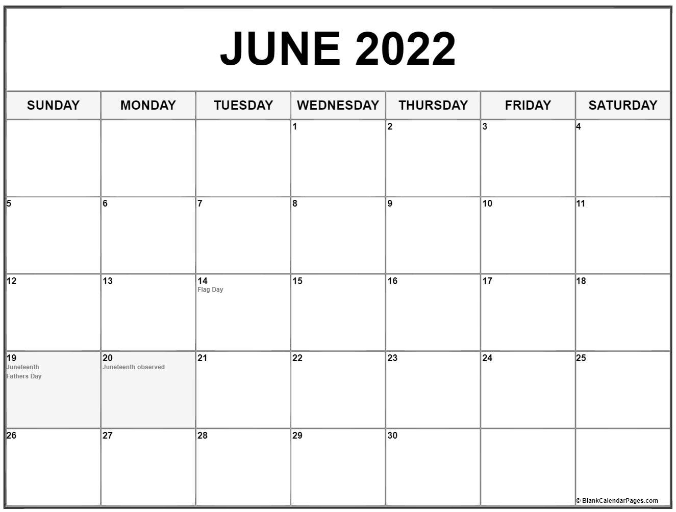 June 2022 With Holidays Calendar