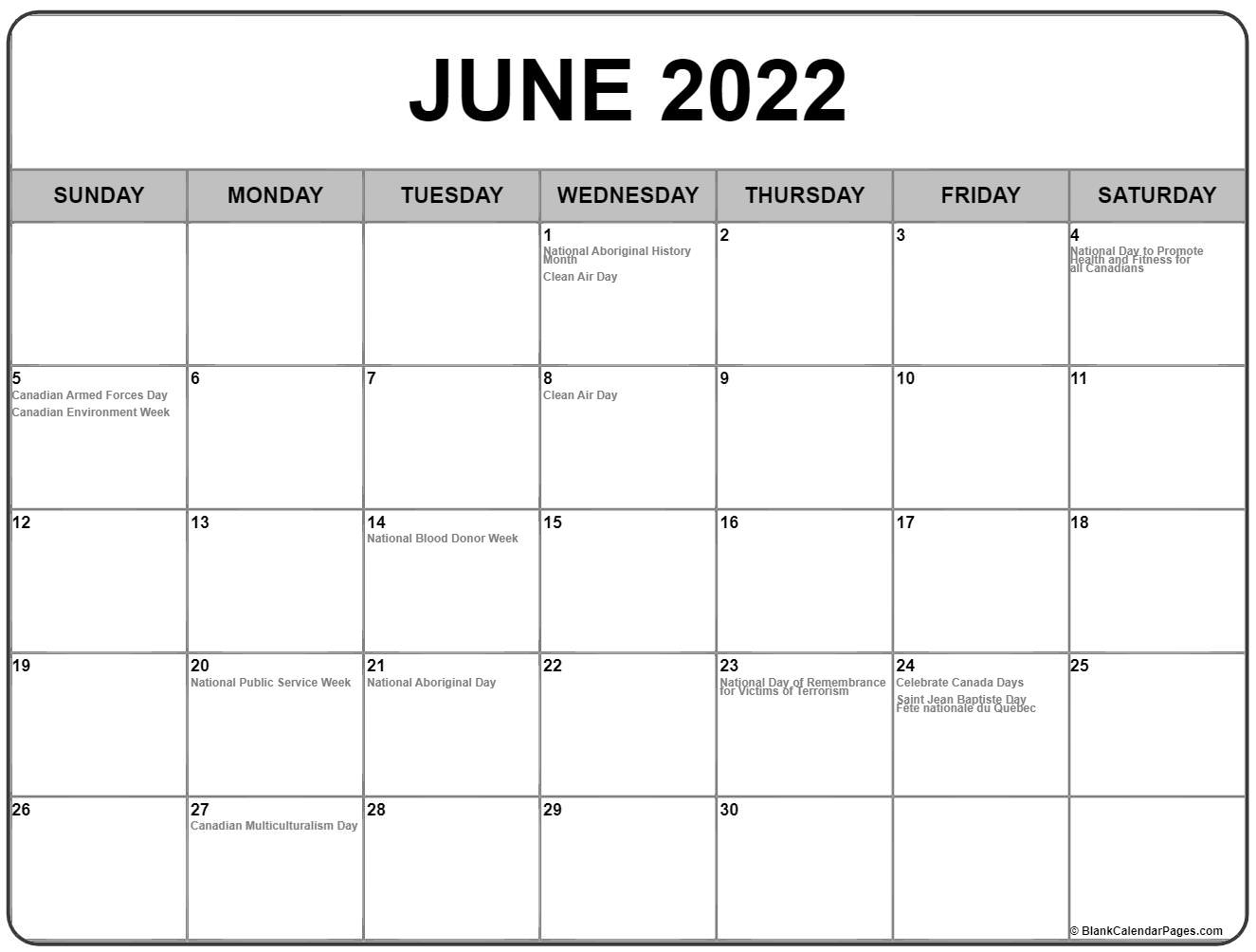 June 2022 With Holidays Calendar