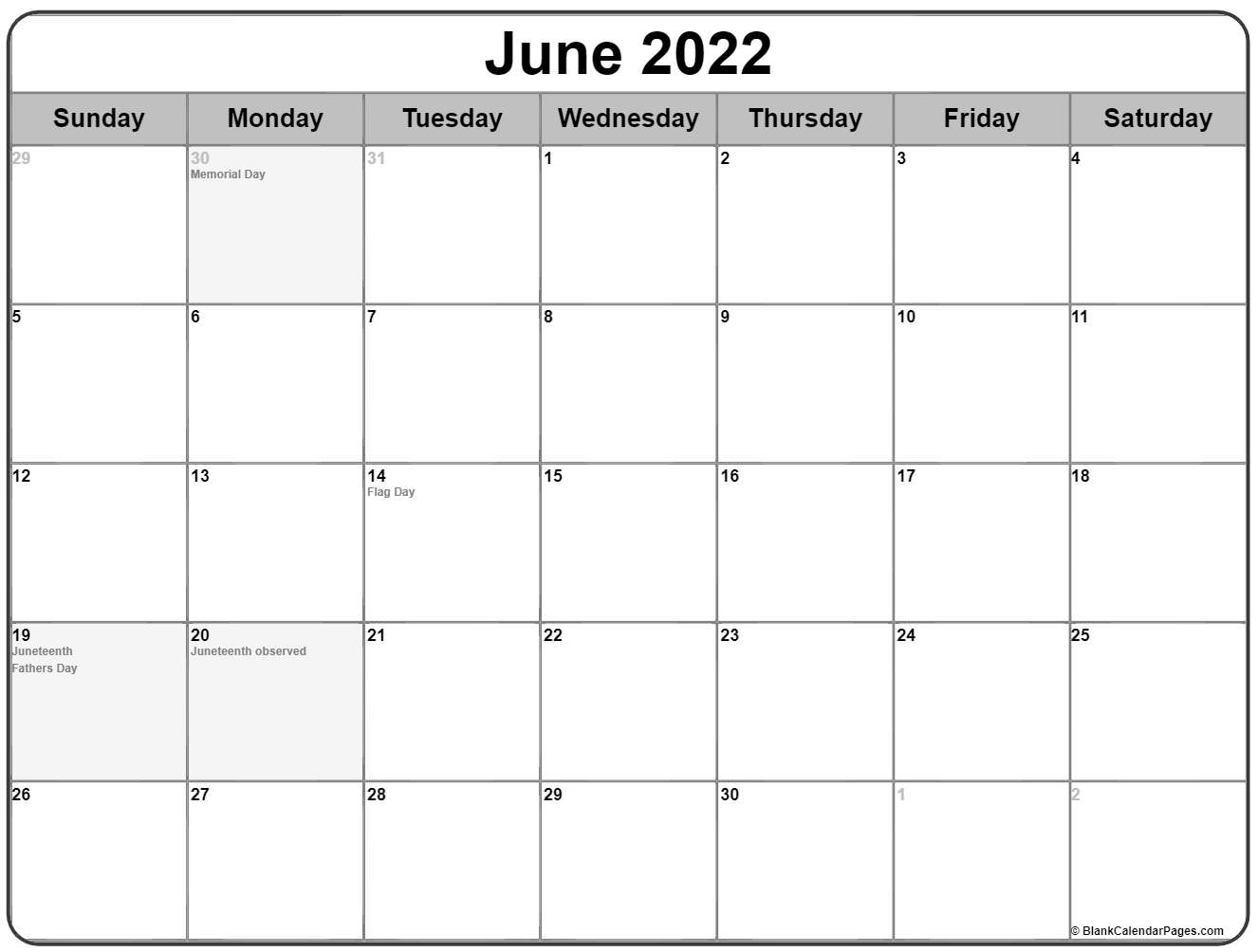 June 2022 With Holidays Calendar
