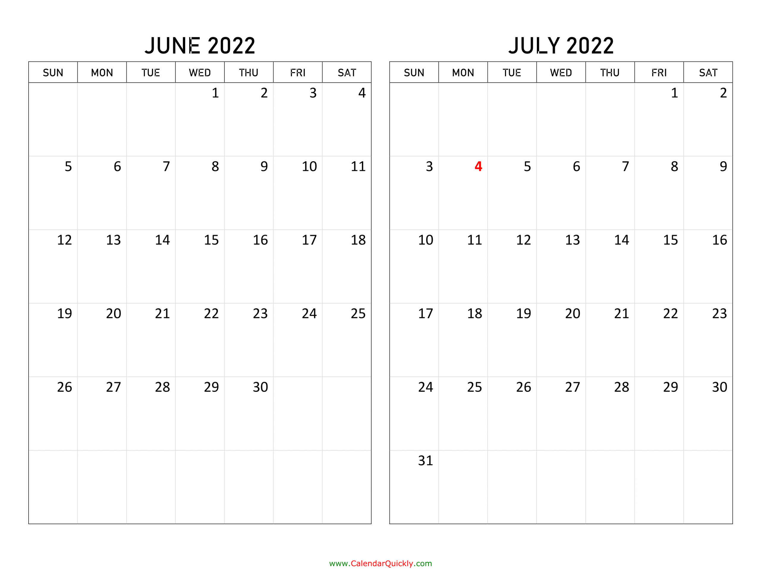 June And July 2022 Calendar | Calendar Quickly
