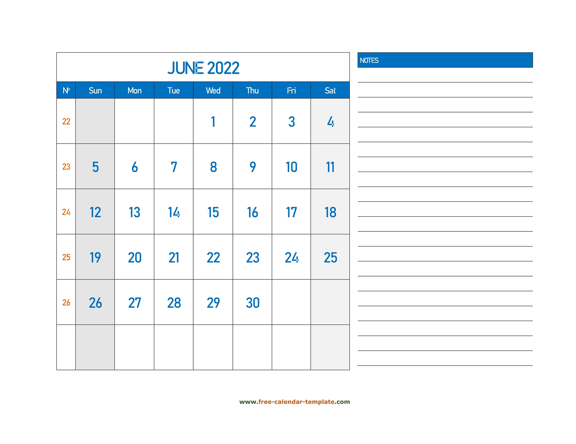 June Calendar 2022 Grid Lines For Holidays And Notes