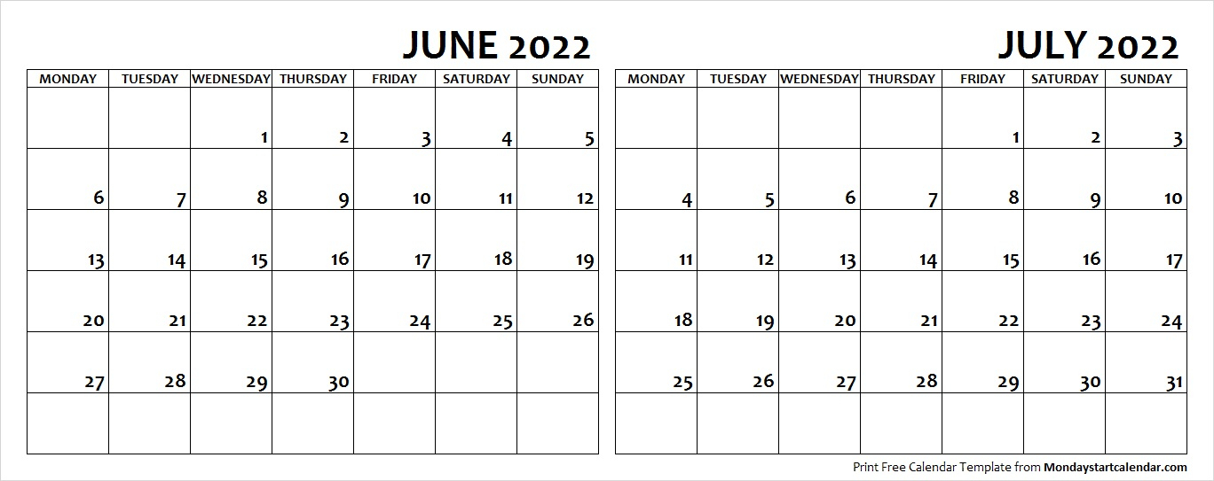 June July 2022 Calendar Monday Start | Editable Two Months