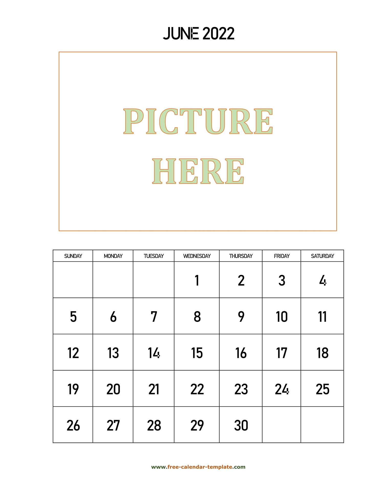 June Printable 2022 Calendar, Space For Add Picture