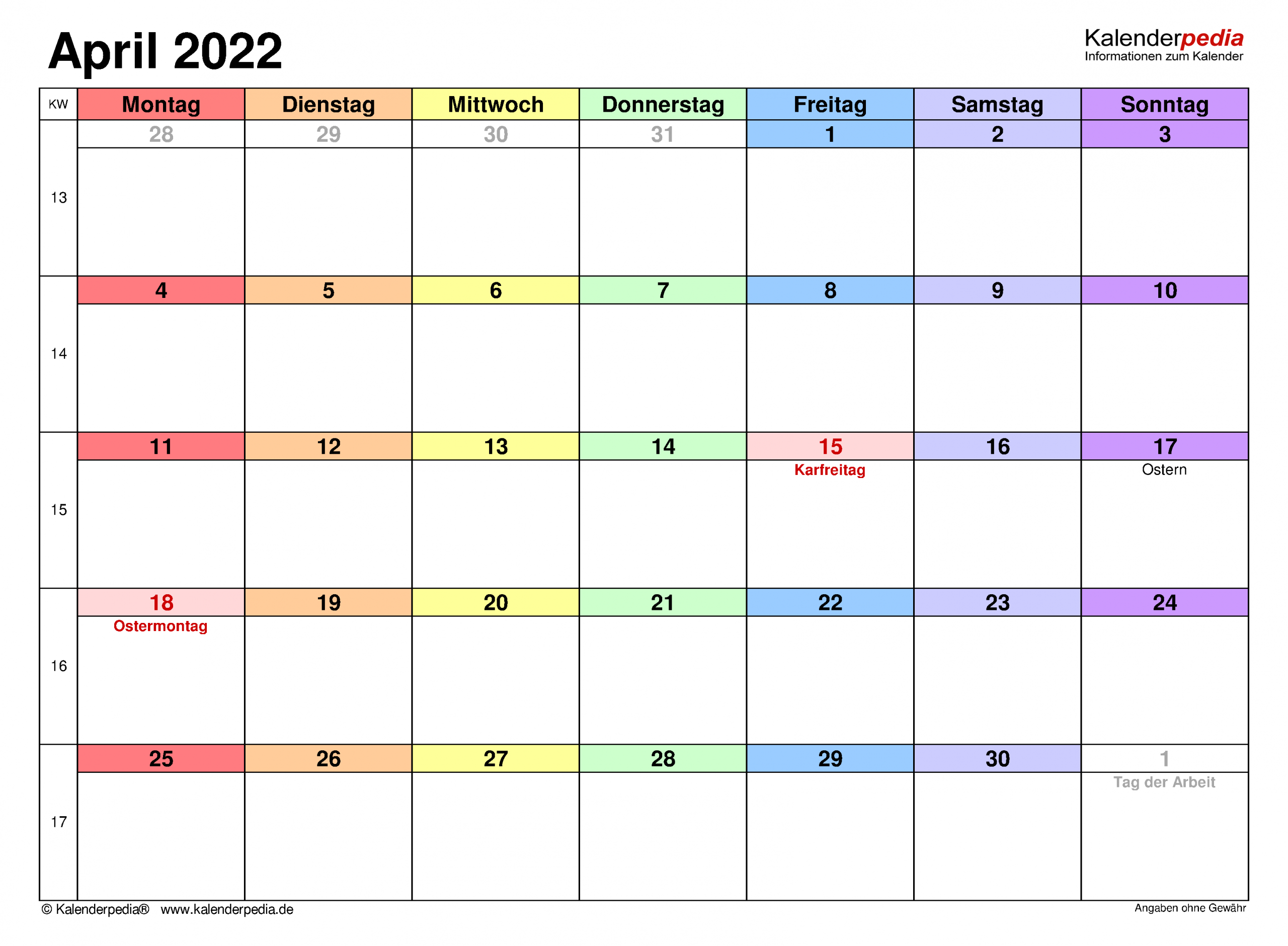 Kalender April 2022 Als Excel-Vorlagen