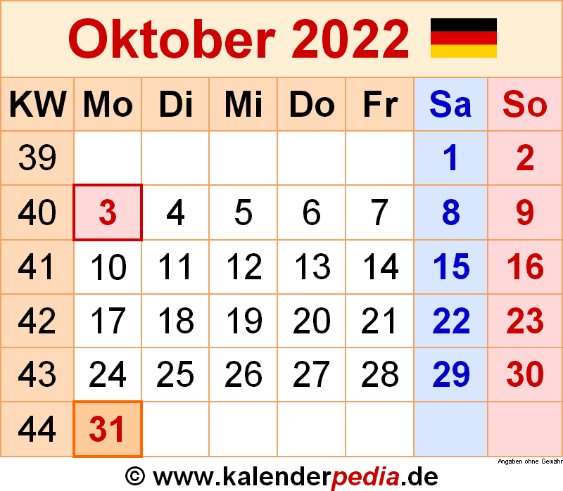 Kalender October 2022 Als Excel-Vorlagen