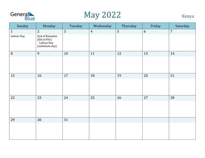 Kenya May 2022 Calendar With Holidays