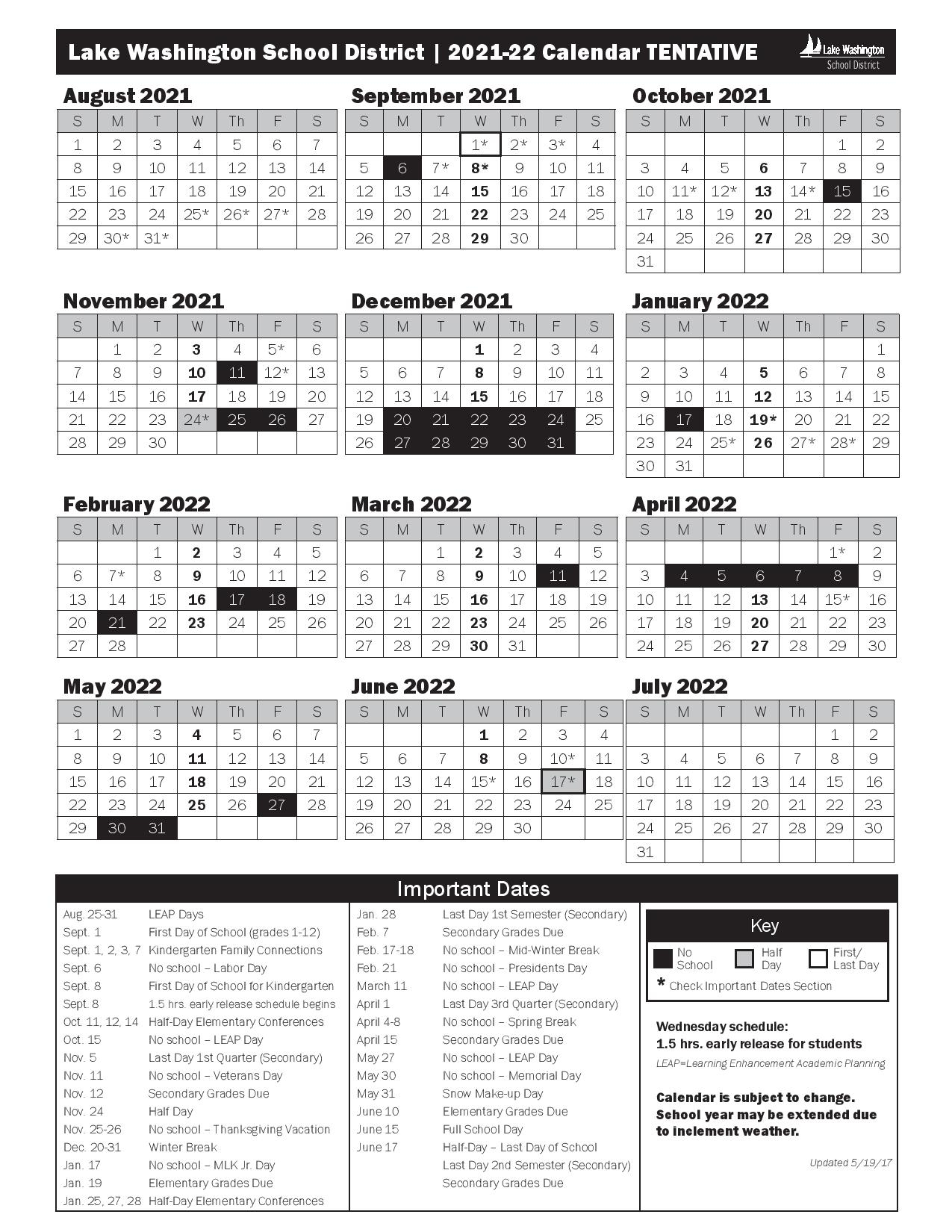 Lake Washington School District Calendar 2021-2022