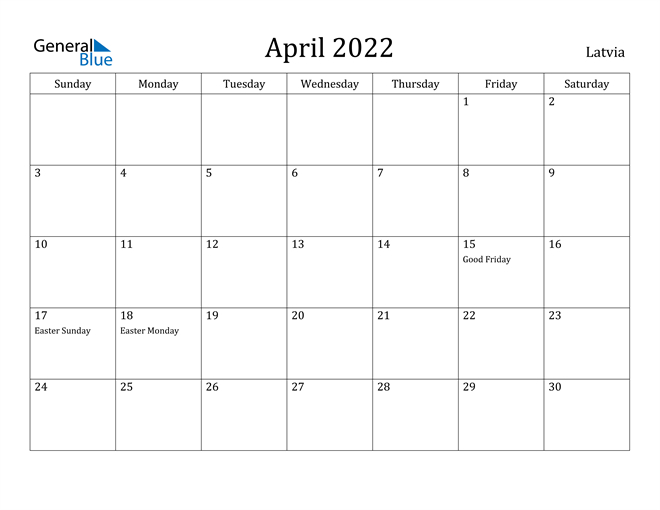 Latvia April 2022 Calendar With Holidays