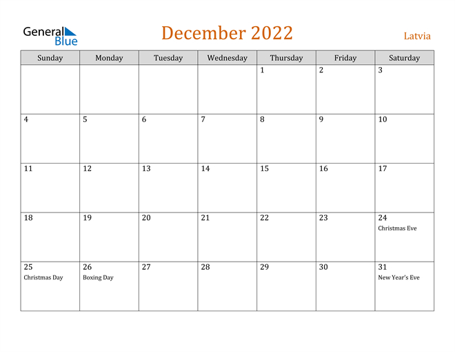 Latvia December 2022 Calendar With Holidays