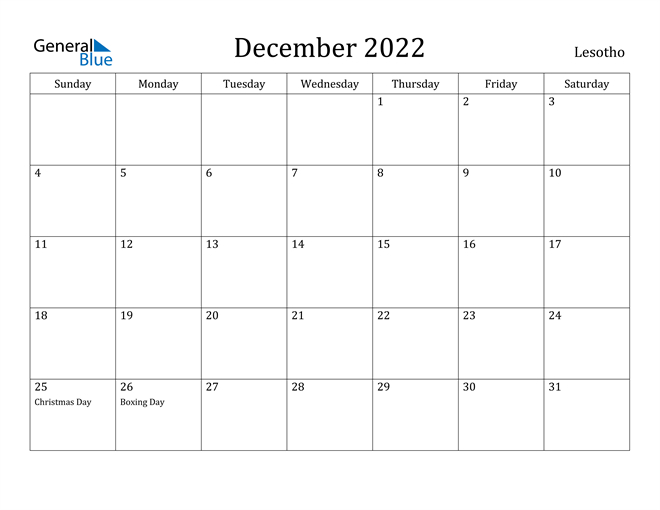 Lesotho December 2022 Calendar With Holidays