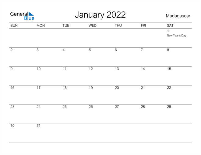 Madagascar January 2022 Calendar With Holidays
