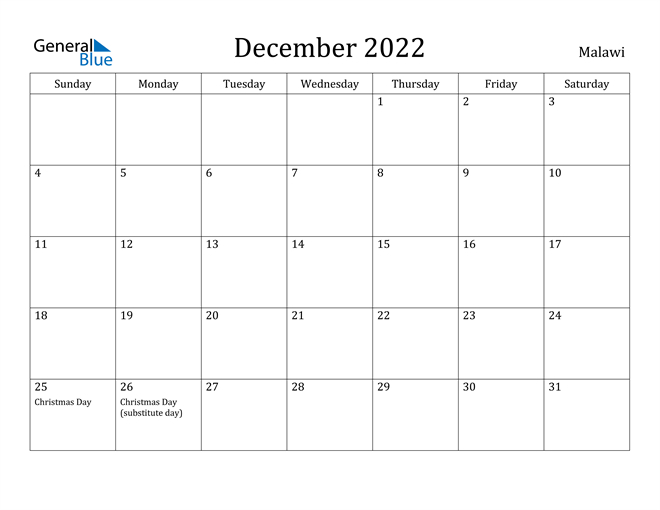 Malawi December 2022 Calendar With Holidays