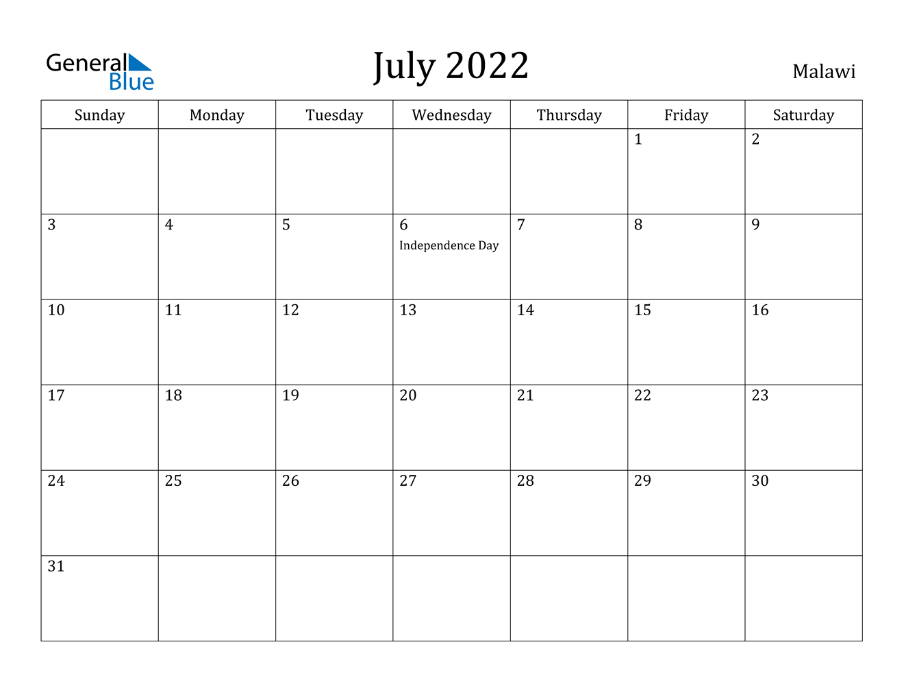 Malawi July 2022 Calendar With Holidays