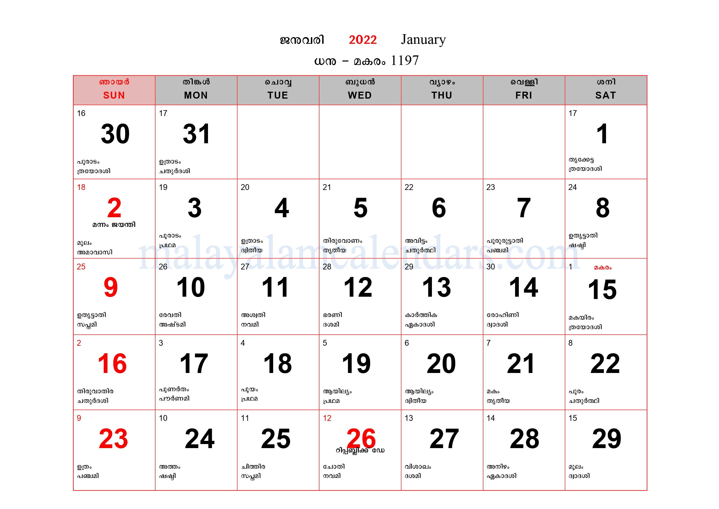 Malayalam Calendar 2022 Time