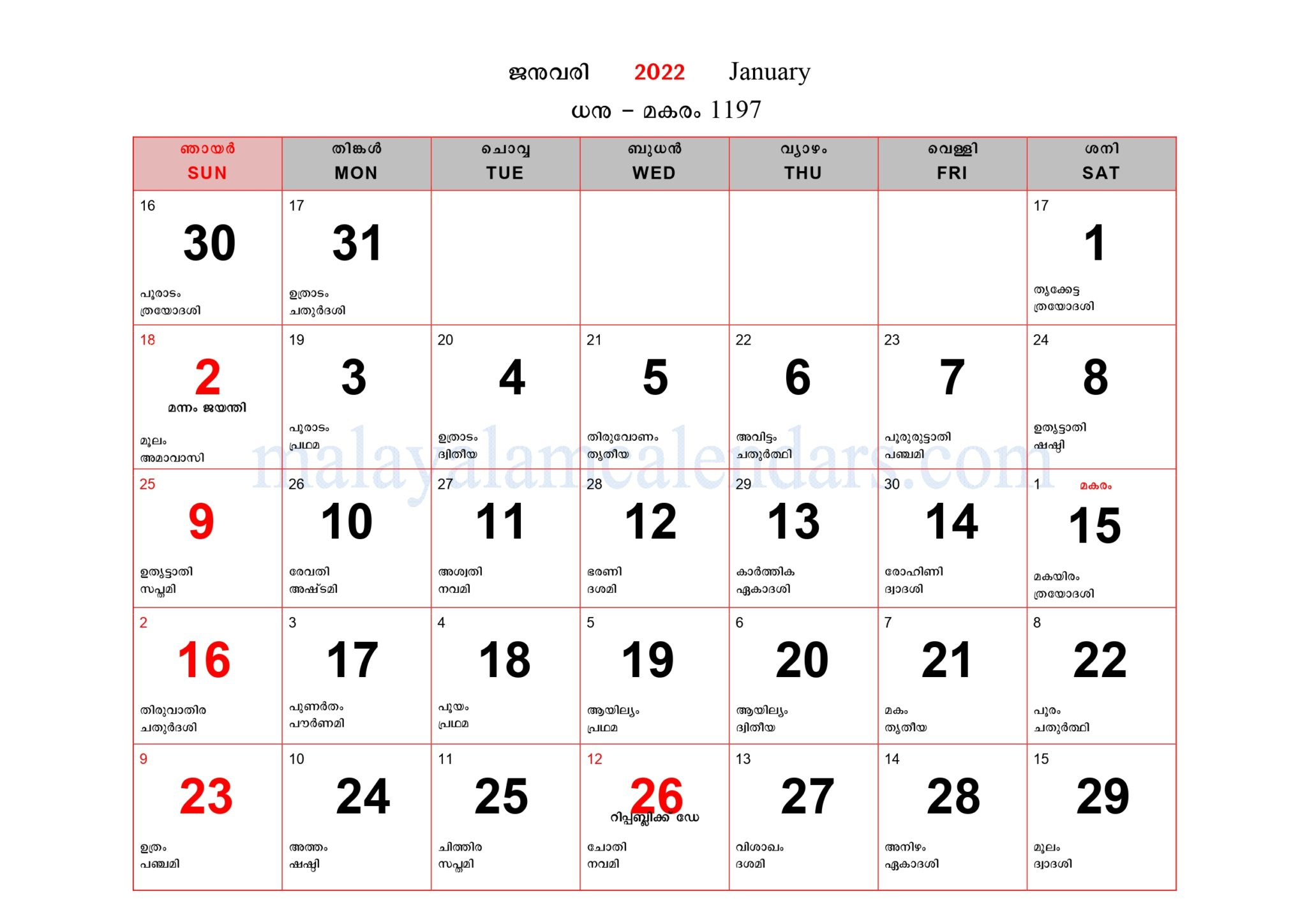 Malayalam Calendar January 2022 - Malayalamcalendars