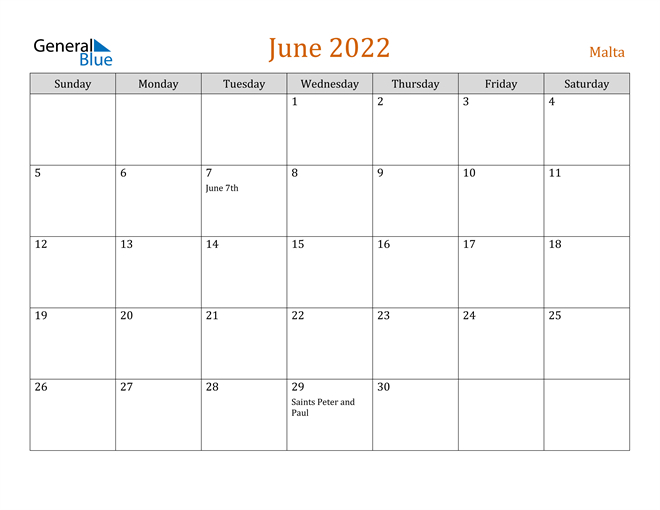 Malta June 2022 Calendar With Holidays