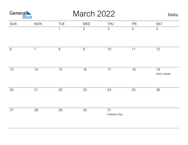 Malta March 2022 Calendar With Holidays