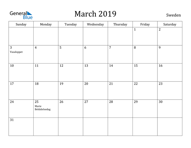 March 2019 Calendar - Sweden