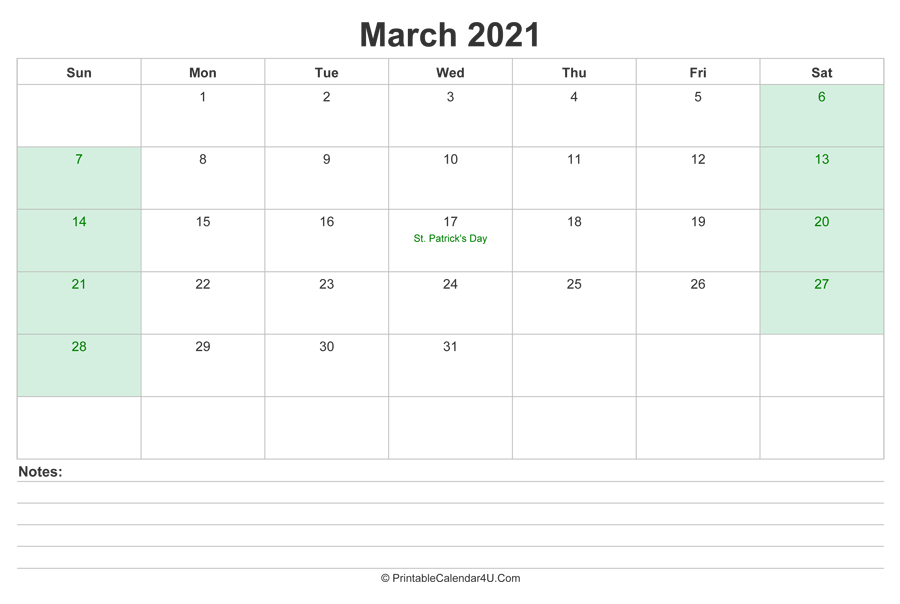 March 2021 Calendar With Us Holidays And Notes (Landscape