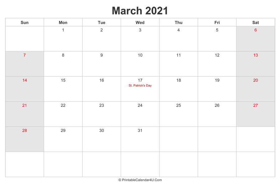 March 2021 Calendar With Us Holidays Highlighted