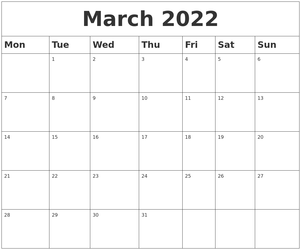 March 2022 Blank Calendar