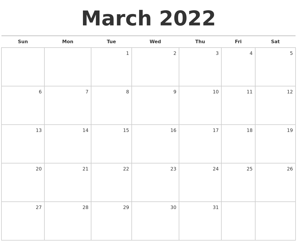 March 2022 Blank Monthly Calendar