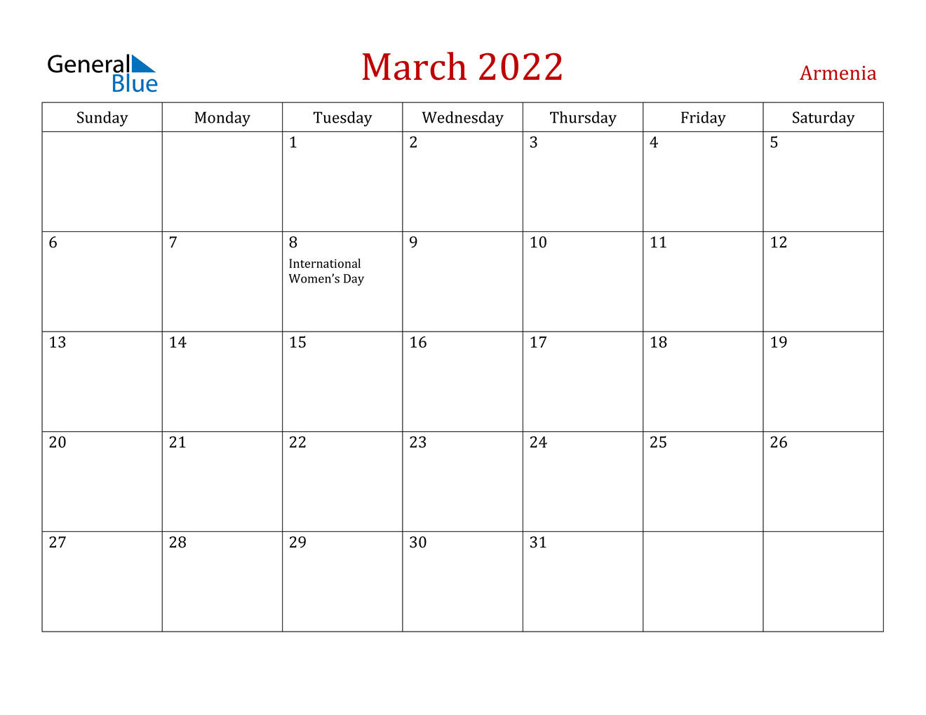 March 2022 Calendar - Armenia