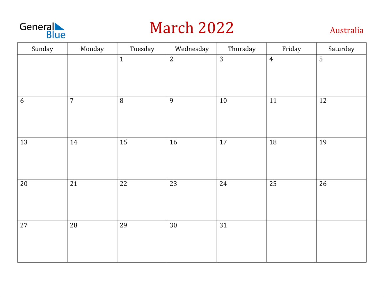 March 2022 Calendar - Australia