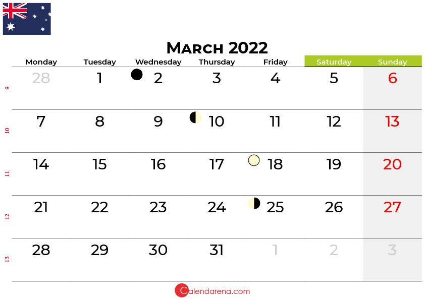 March 2022 Calendar Australia With Holidays