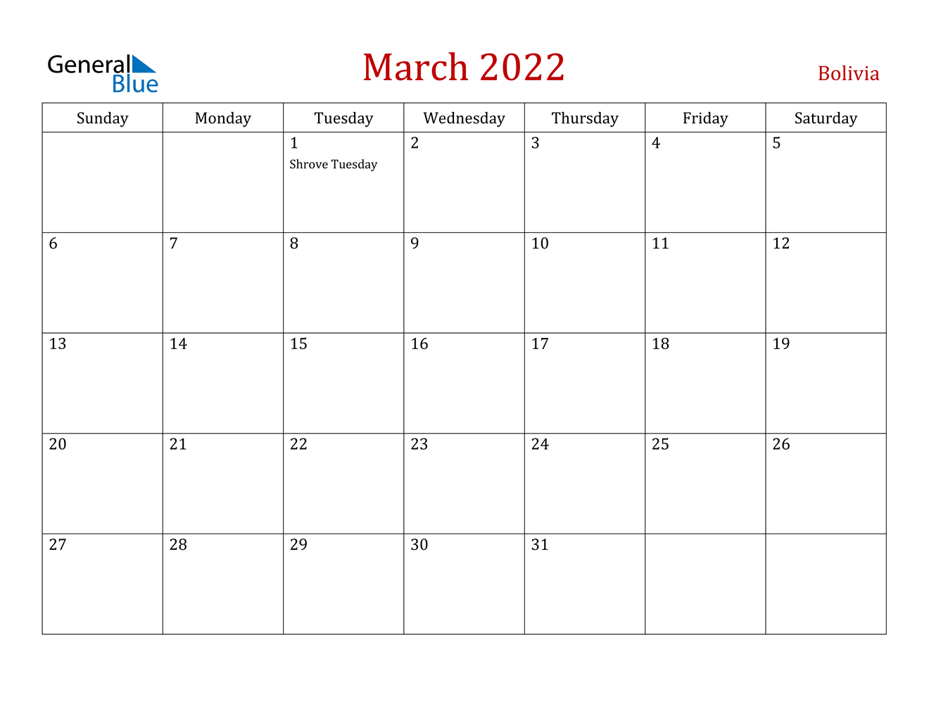 March 2022 Calendar - Bolivia