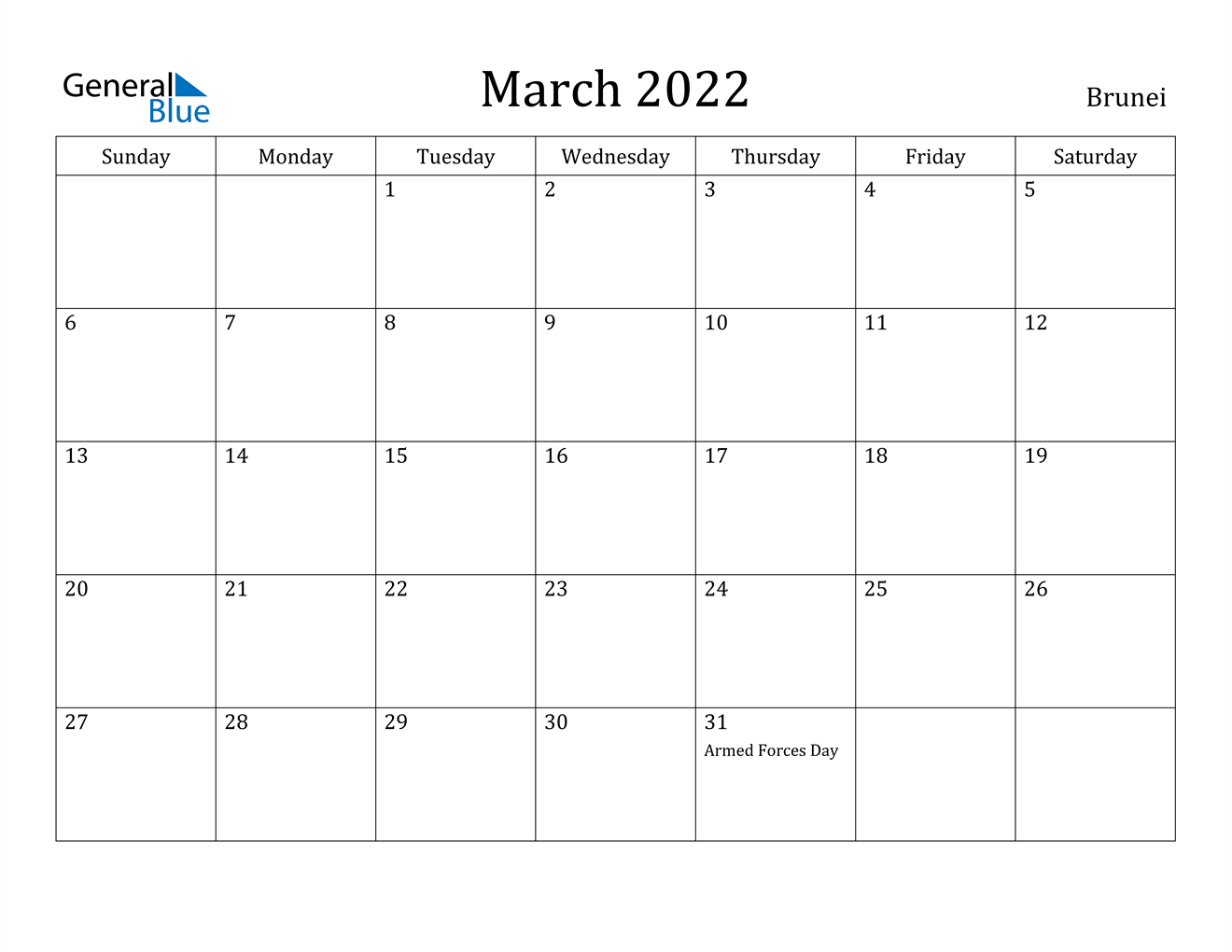 March 2022 Calendar - Brunei