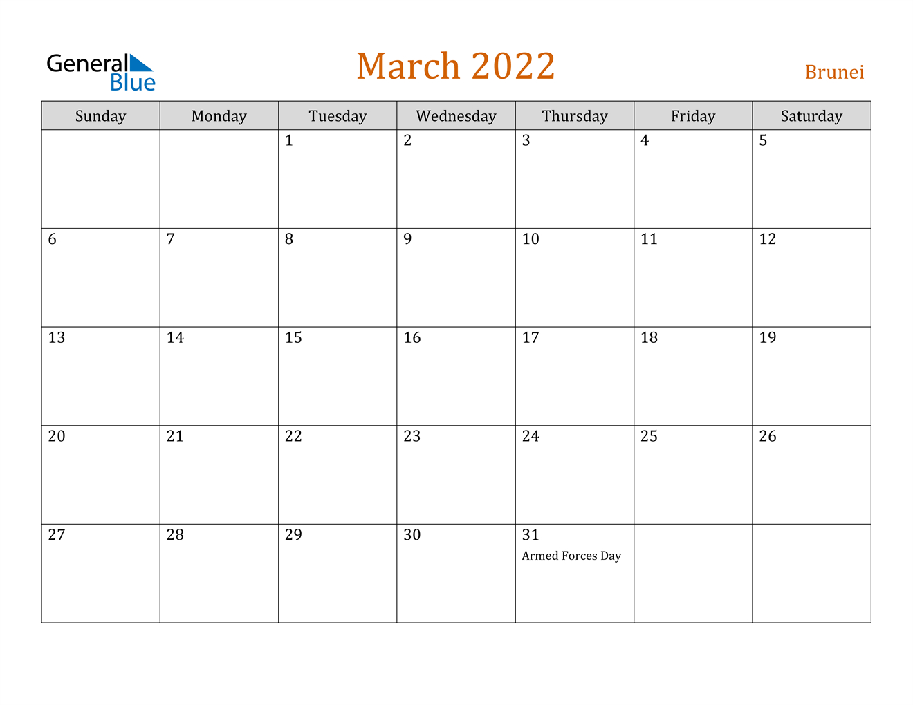 March 2022 Calendar - Brunei