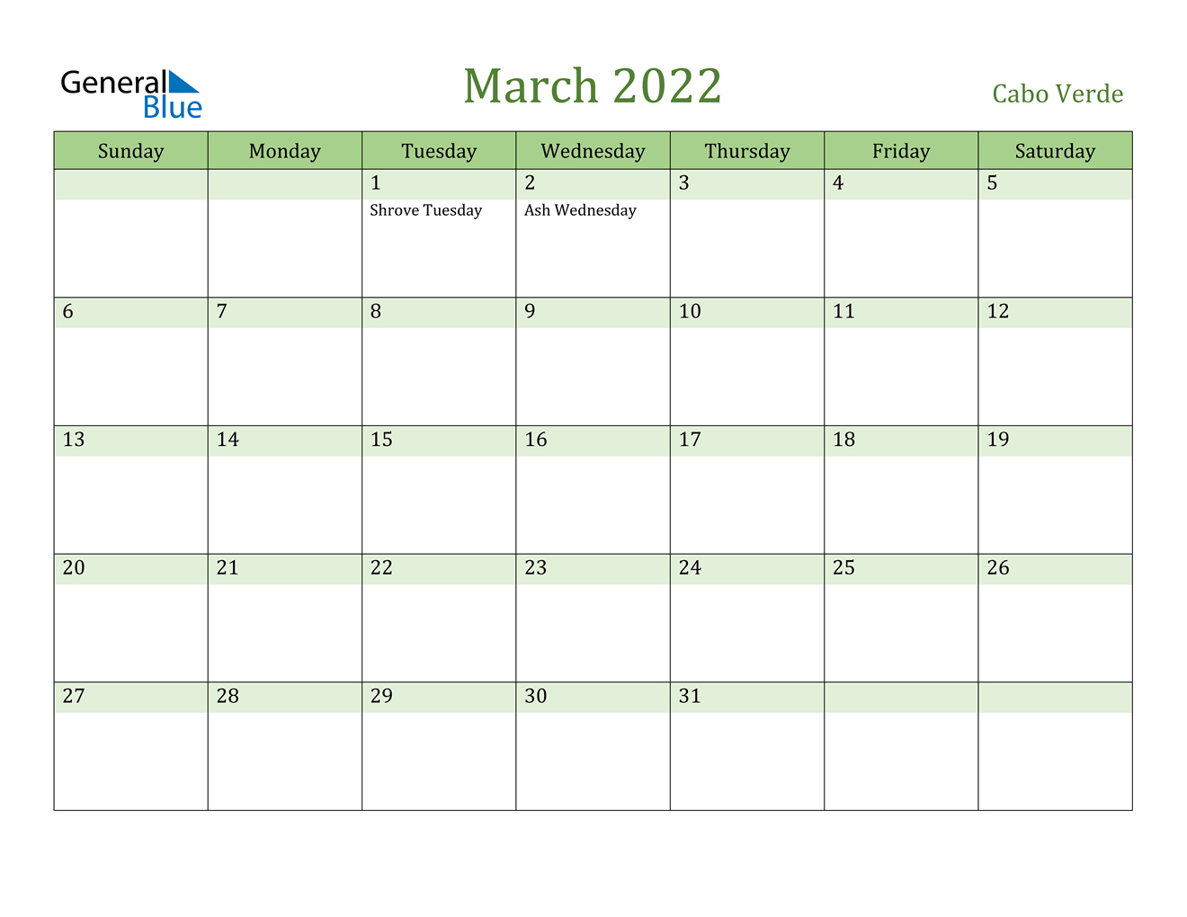 March 2022 Calendar - Cabo Verde