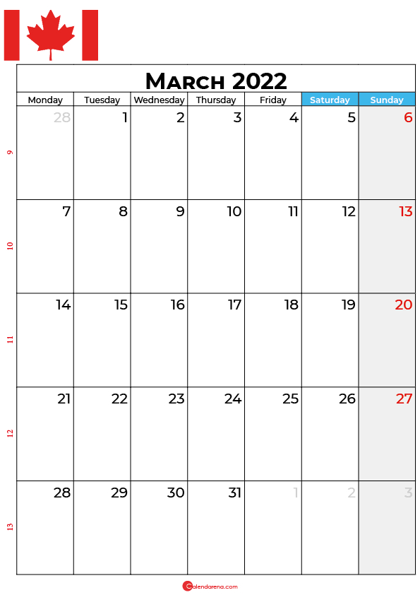 March 2022 Calendar Canada With Holidays