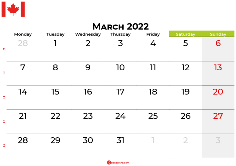 March 2022 Calendar Canada With Holidays