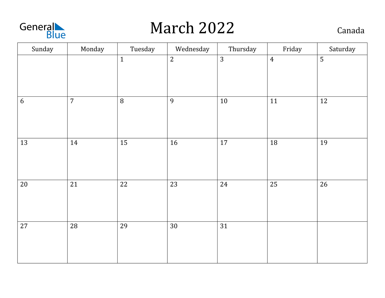 March 2022 Calendar - Canada