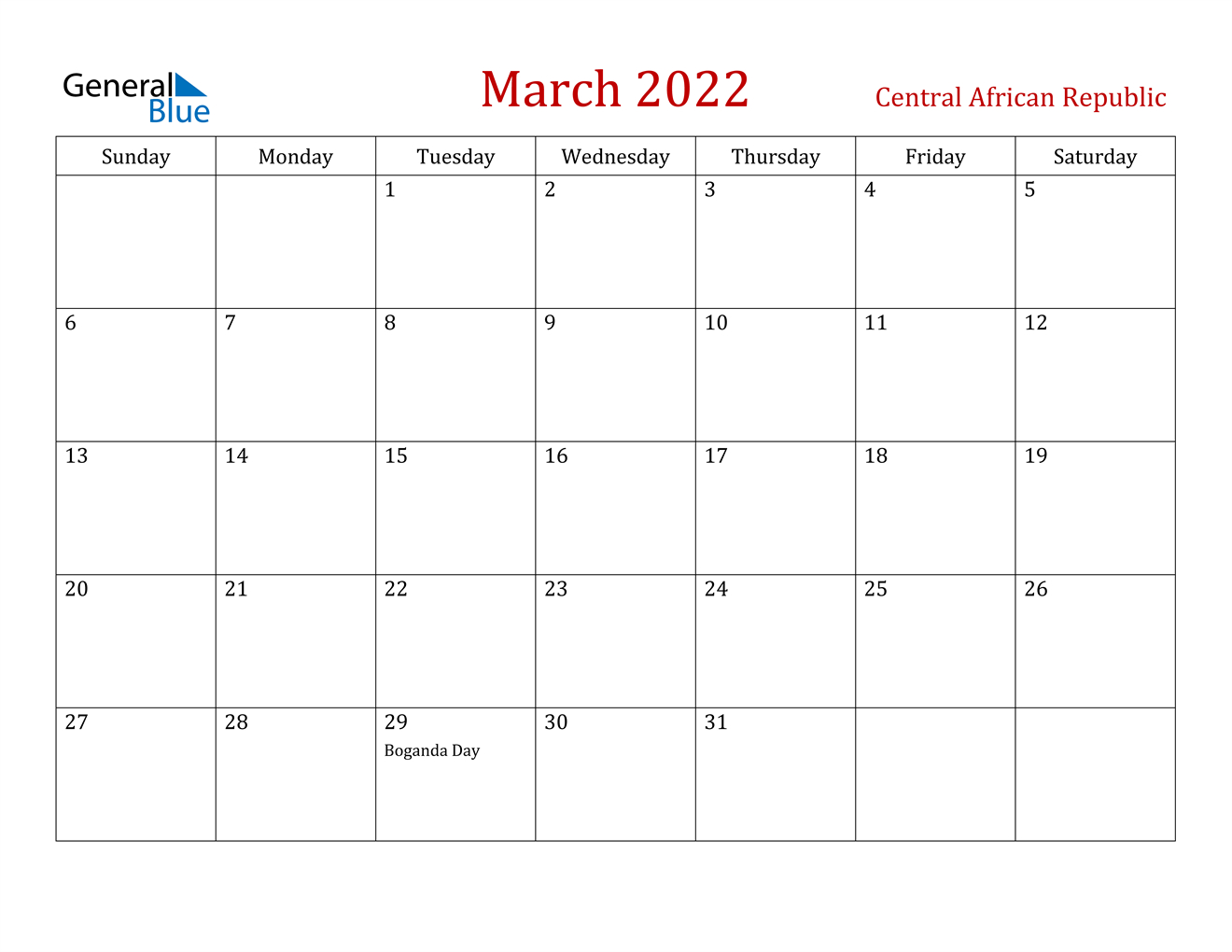 March 2022 Calendar - Central African Republic