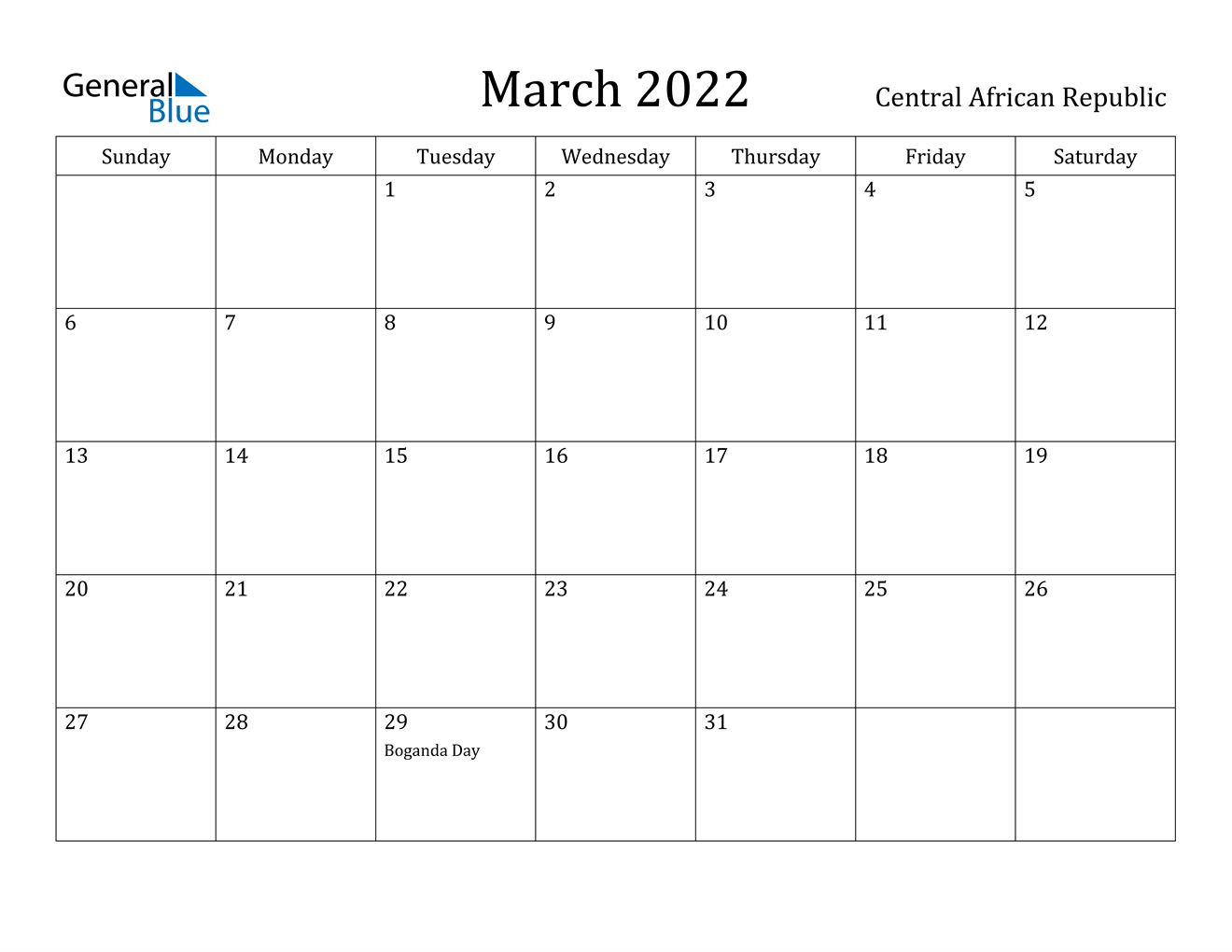 March 2022 Calendar - Central African Republic