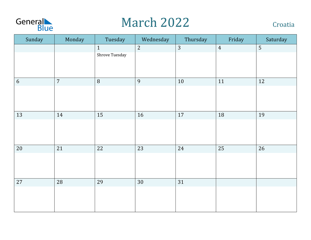 March 2022 Calendar - Croatia