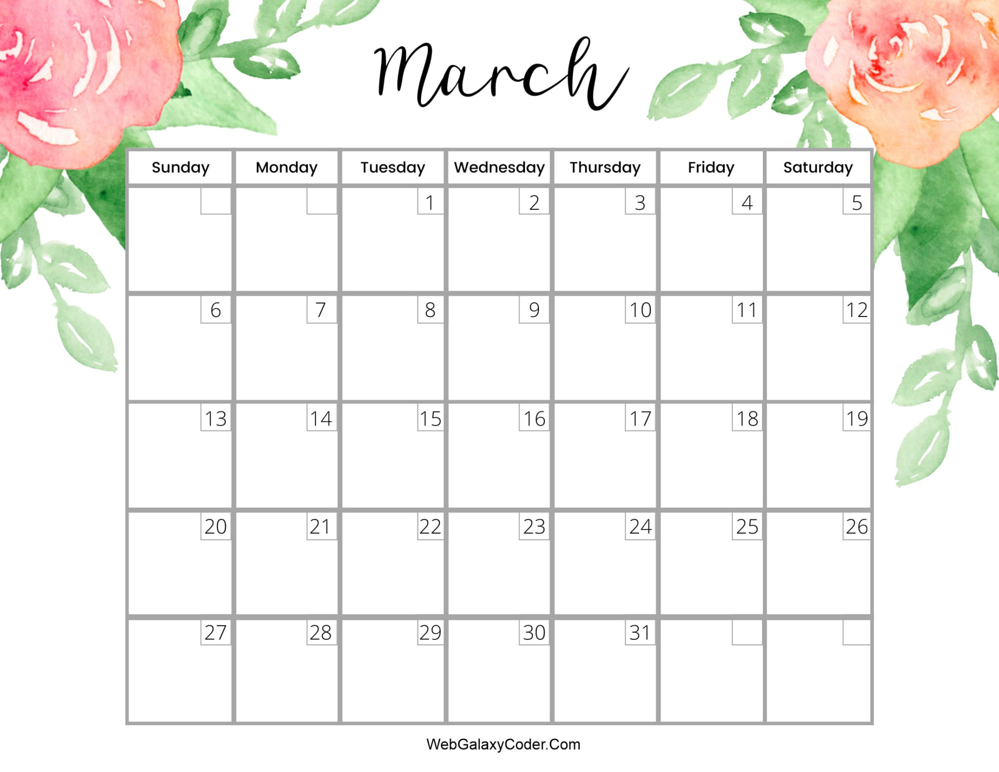 March 2022 Calendar - Cute Format - Print Now