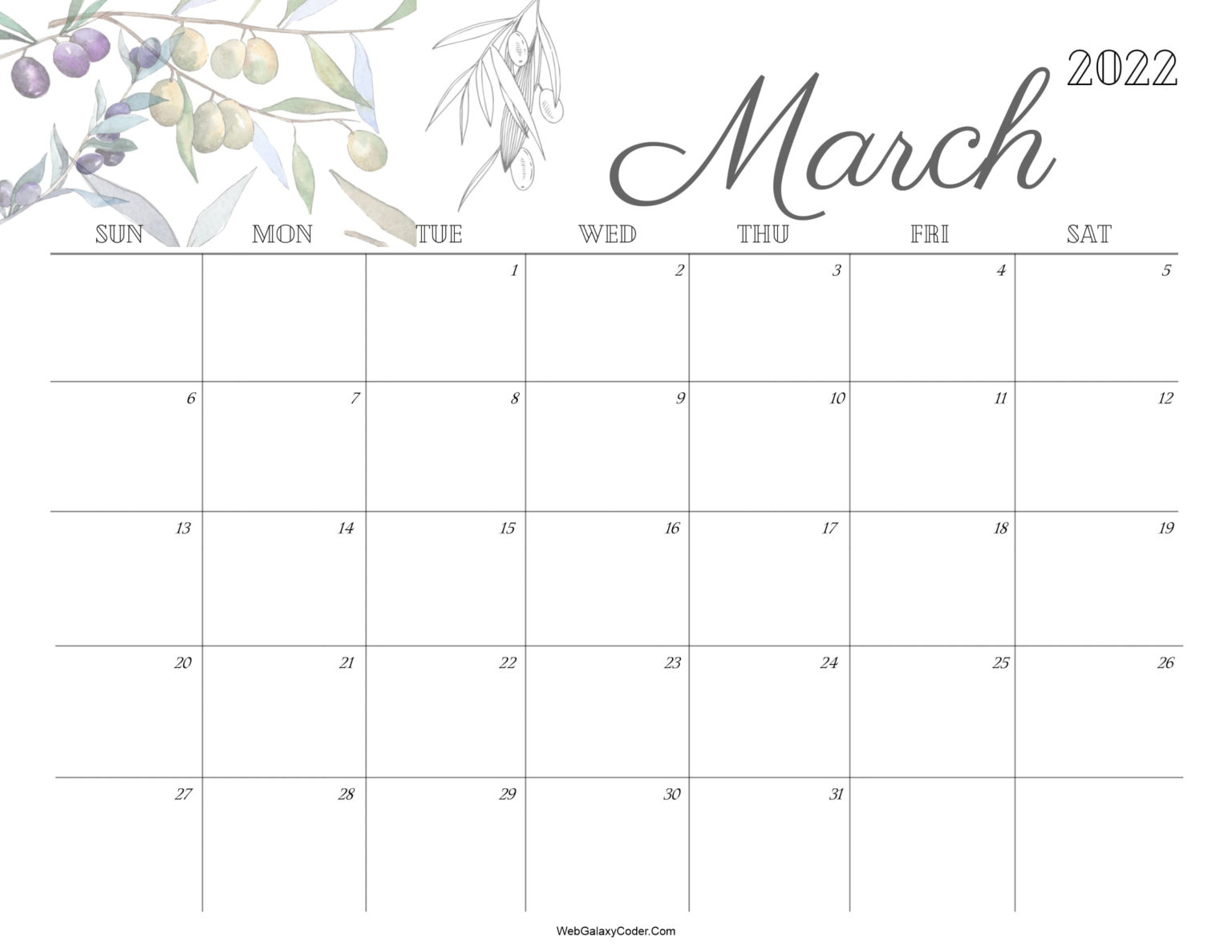 March 2022 Calendar - Cute Format - Print Now